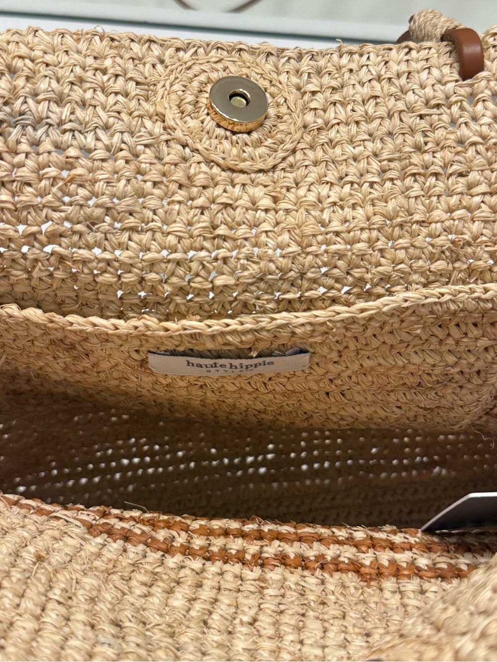 NWT Haute Hippie Natural Straw Tote with Brown Stripe and Brown Leather Handles - Picture 10 of 14